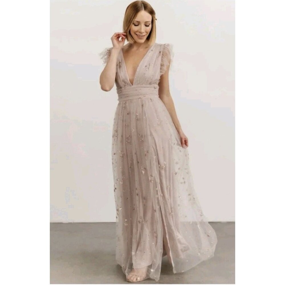 Altar'd State Blush Tulle Embellished V-Neck Maxi Dress